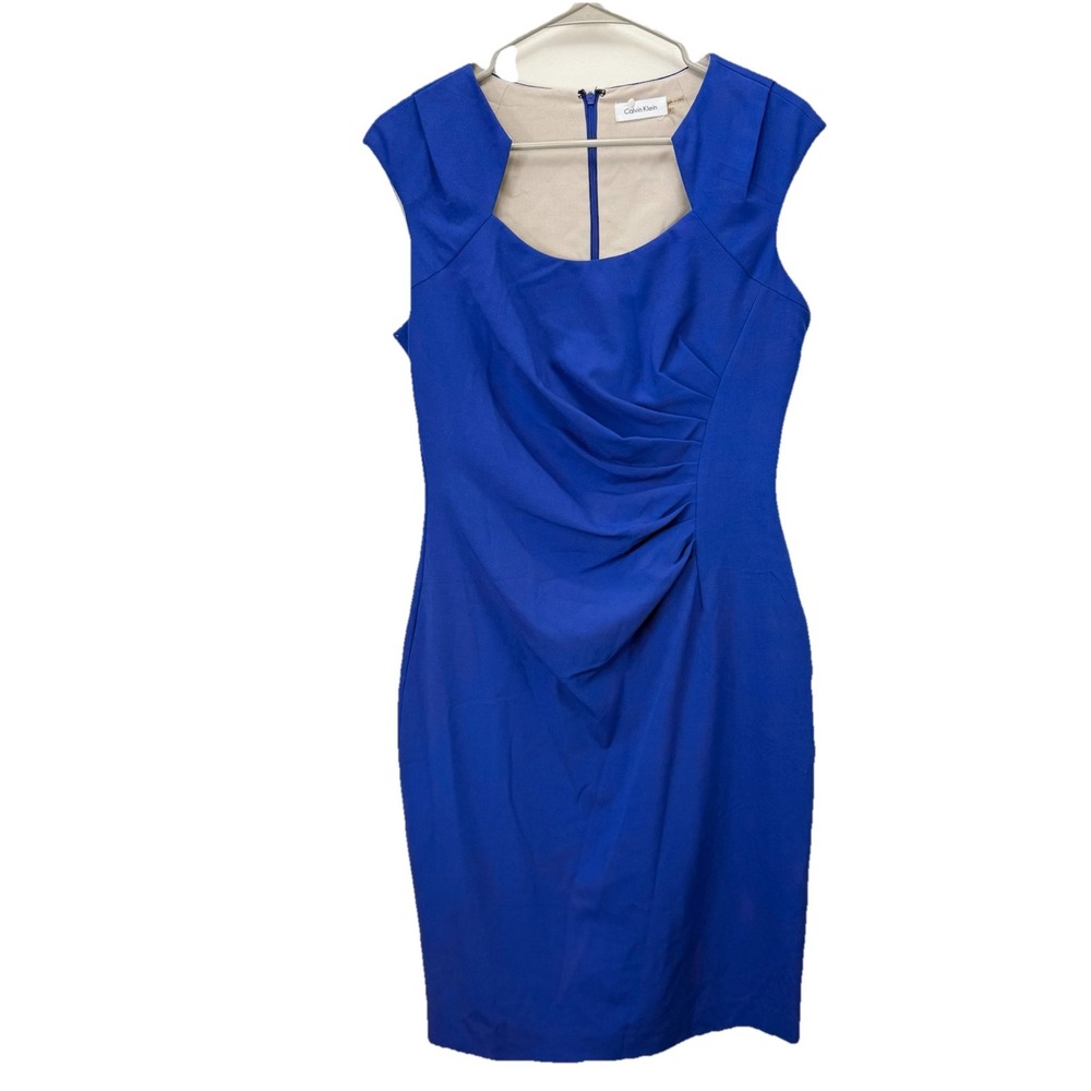 Calvin Klein Blue‎ Side Ruched Horseshoe Neck Sleeveless Sheath Dress Size 8 - Picture 3 of 10
